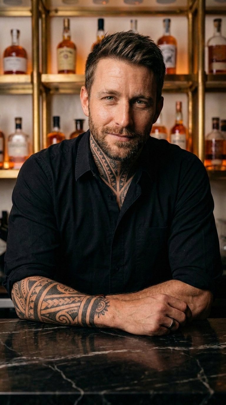 Marcus, a bartender with a tribal tattoo on his neck and arm, leaning on a marble bar