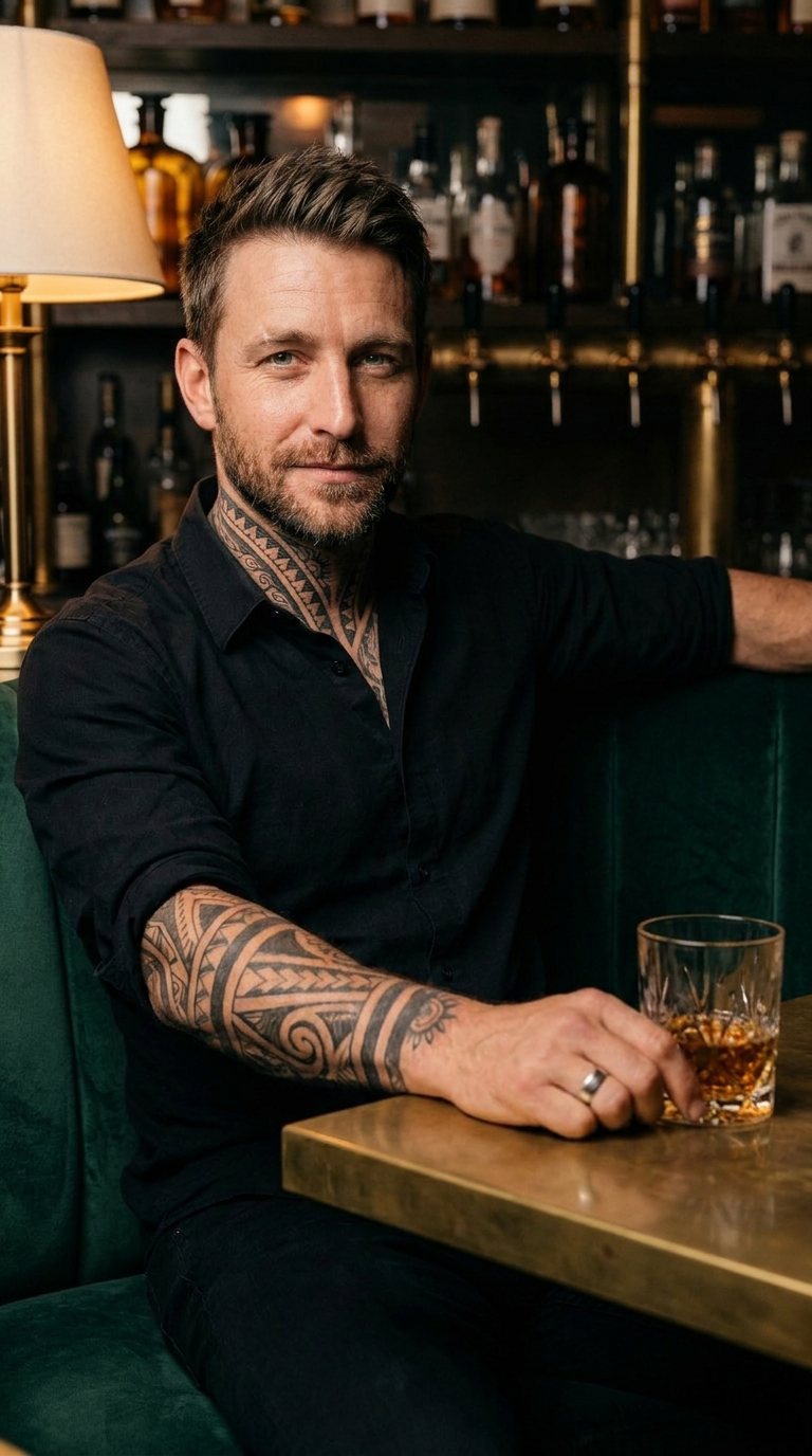 Marcus sitting in a green velvet booth with a glass of whiskey